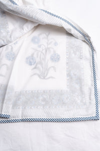 Pure cotton muslin summer quilt dohar white with blue floral Moghul print.