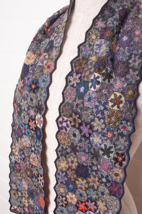 Sophie Digard crochet wool scarf, Tiny design of multi colour flowers.