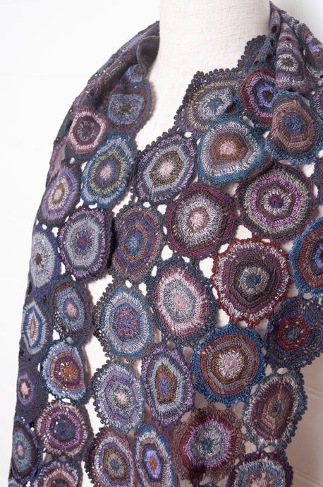 Sophie Digard crocheted wool scarf medallions Penelope in deep cool palette.