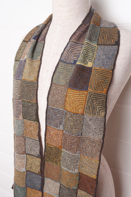 Sophie Digard checked crochet scarf Be Pop in olive, gold, blue and brown.