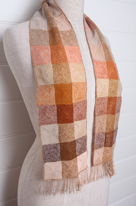 Sophie Digard crochet linen scarf, checks in natural tones.