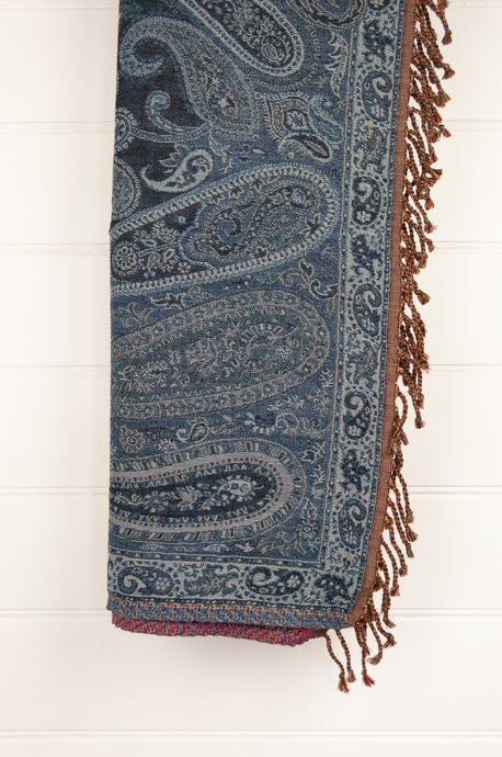 Tasseled wool and cotton throw - denim paisley / gingham floral