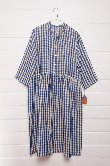 Dve Tara button up linen shirt dress in navy, white and silver gingham check linen.