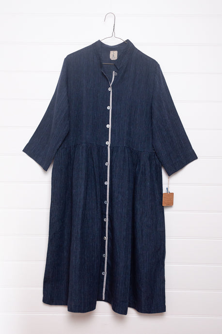 DVE Tara button up shirt dress in pinstripe navy linen.