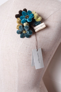 Sophie Digard velvet jonquille brooch in blues and greens.