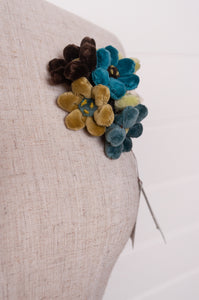 Sophie Digard velvet jonquille brooch in blues and greens.