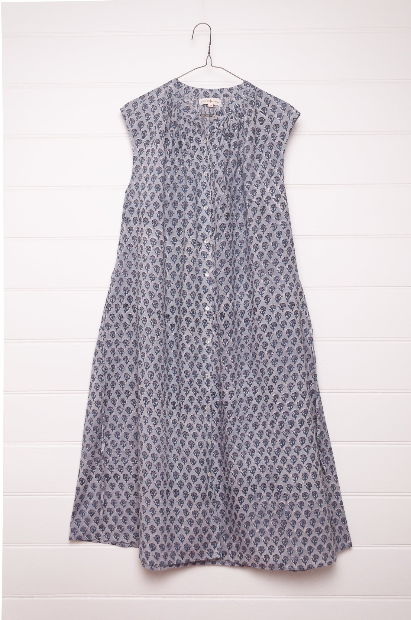 Zoe dress button up sleeveless blue grey bhuti blockprint summer cotton dress.