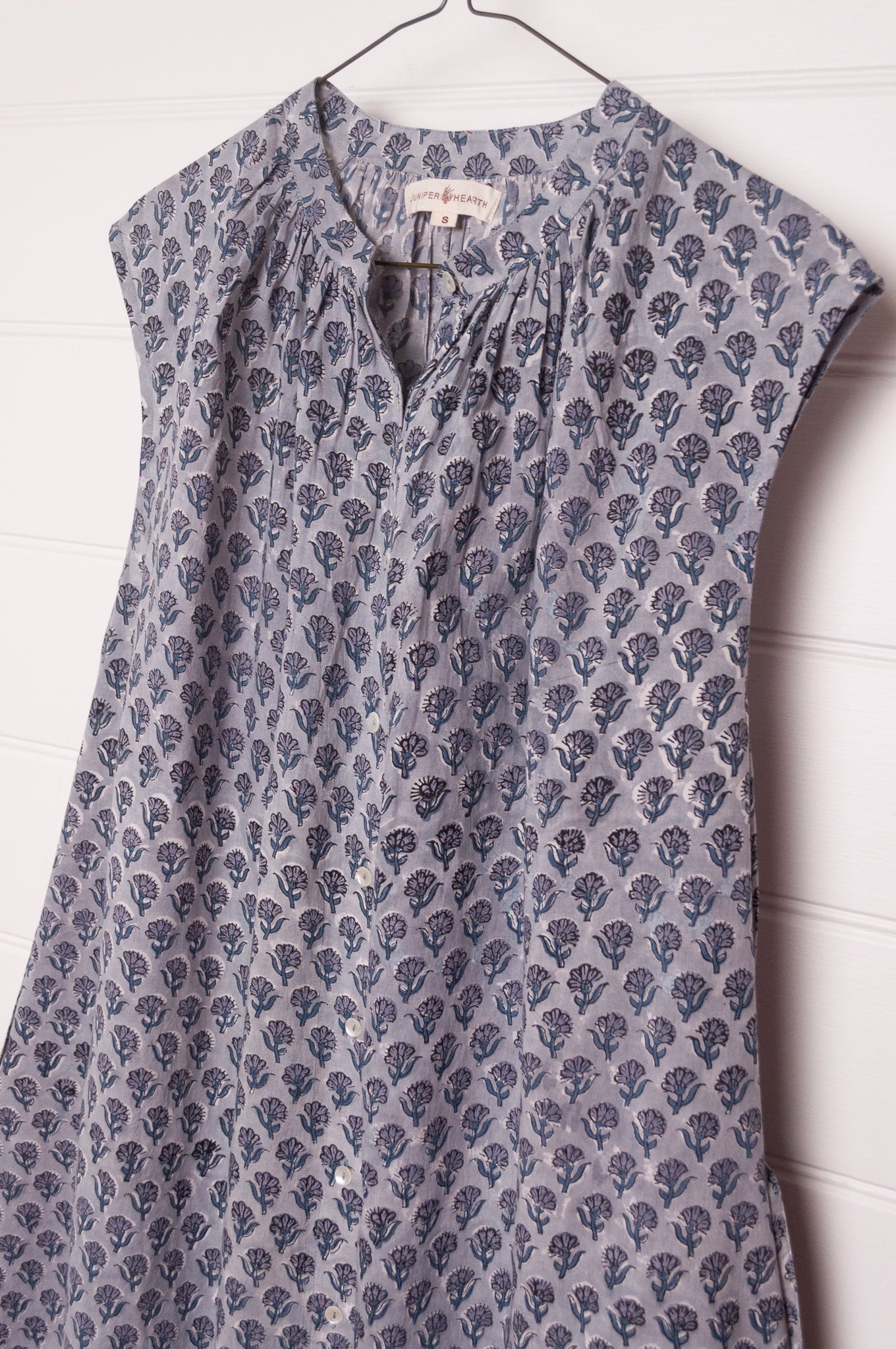 Zoe dress button up sleeveless blue grey bhuti blockprint summer cotton dress.