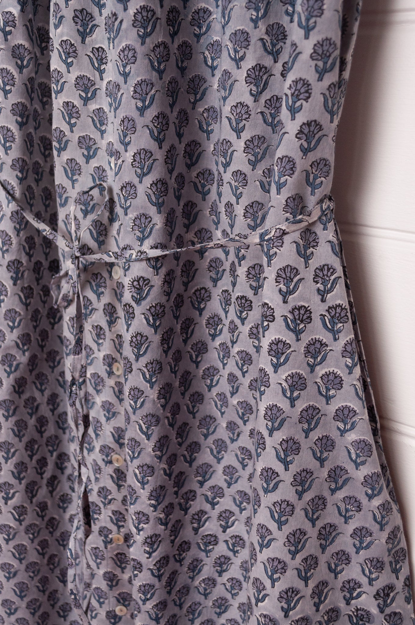 Zoe dress button up sleeveless blue grey bhuti blockprint summer cotton dress.