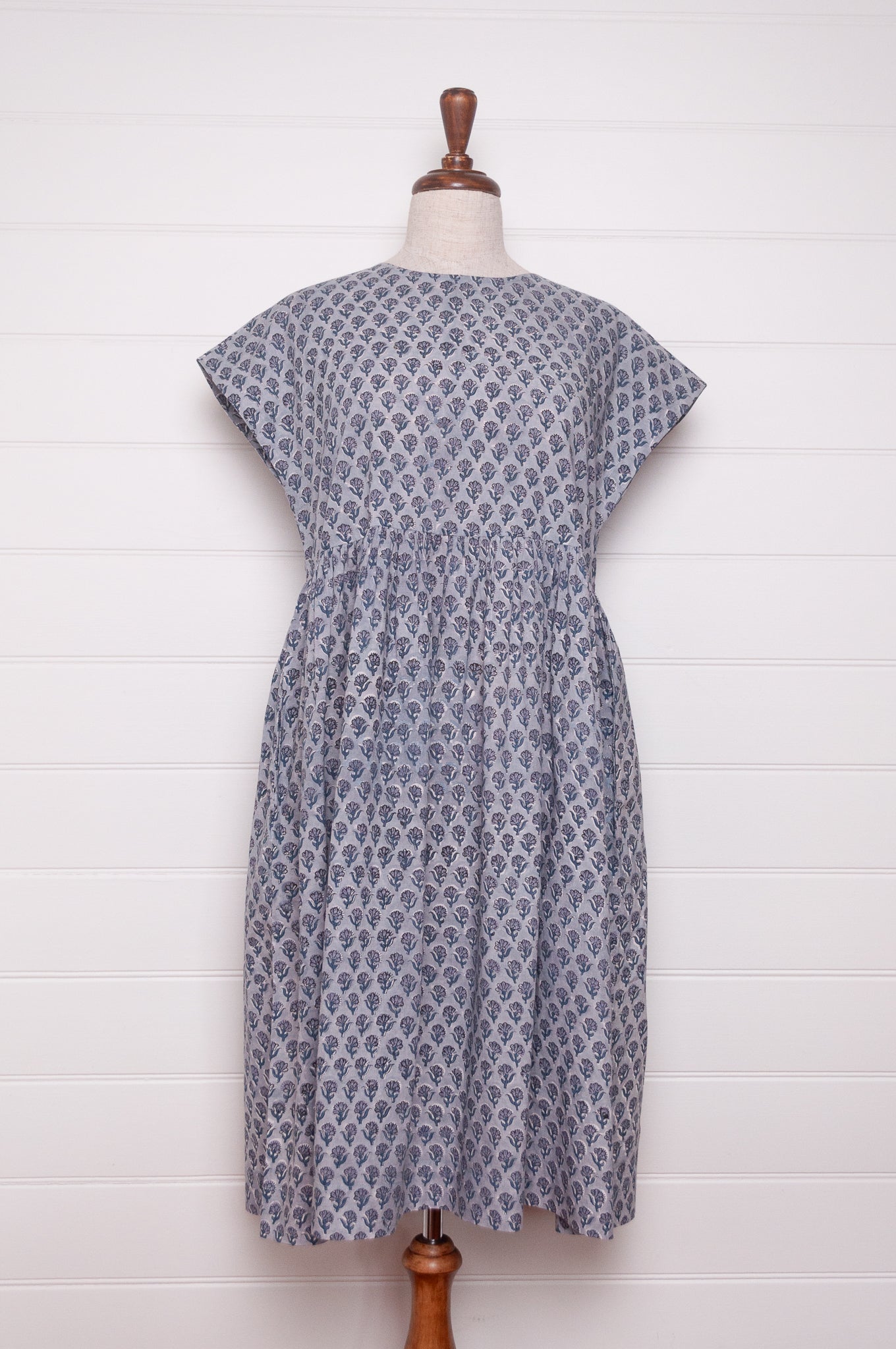 Juniper Hearth blockprint cotton Rosa dress in blue grey bhuti design.