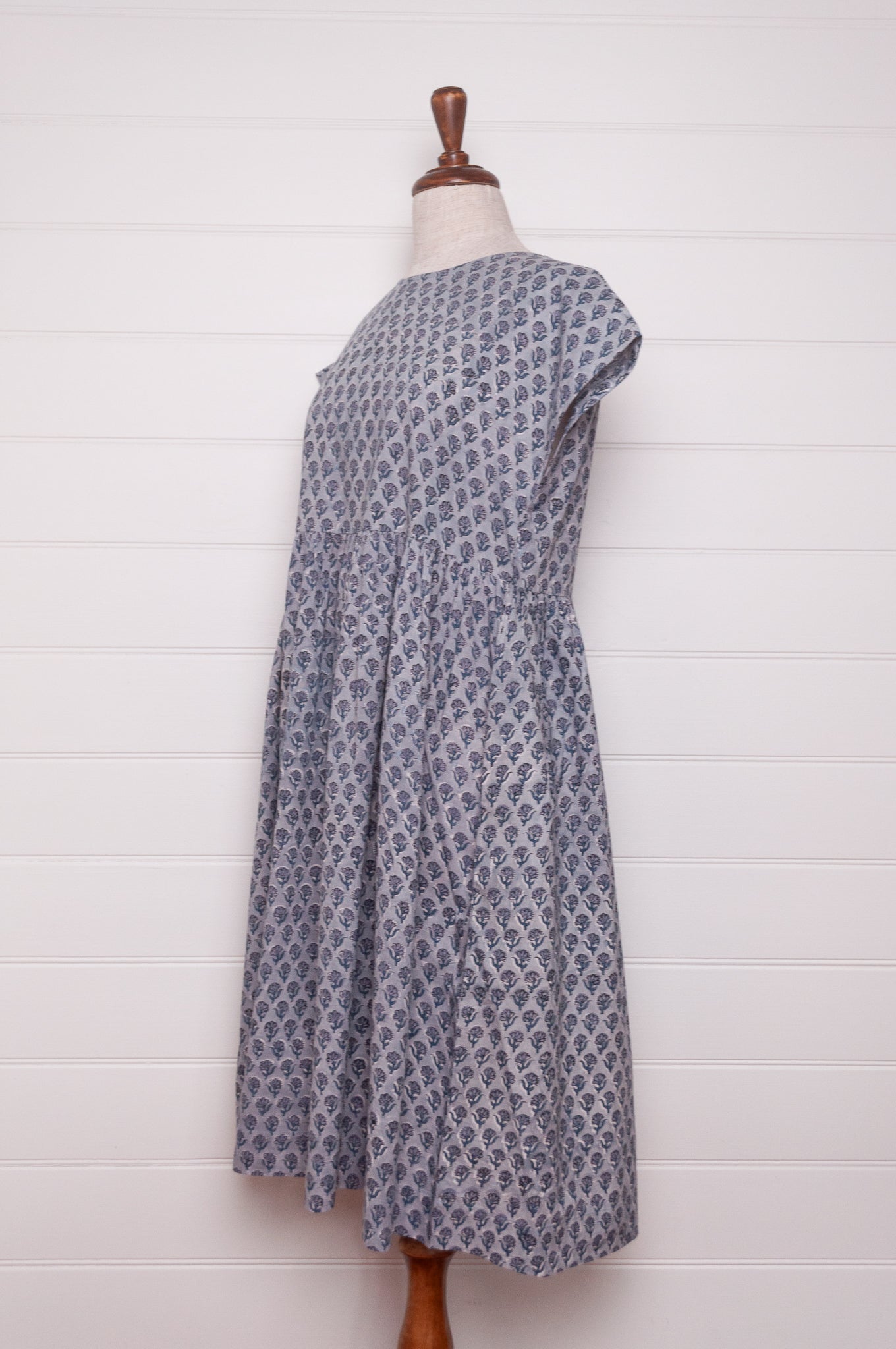 Juniper Hearth blockprint cotton Rosa dress in blue grey bhuti design.