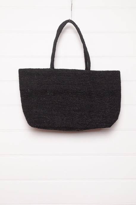 Sophie Digard plain shoulder tote bag in crocheted raffia, anthracite black.