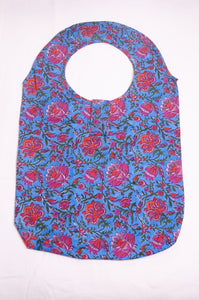 Fabric shopping tote, rollable, in blockprint floral cotton.