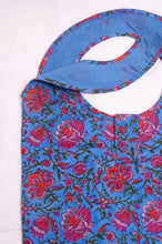 Load image into Gallery viewer, Fabric shopping tote, rollable, in blockprint floral cotton.