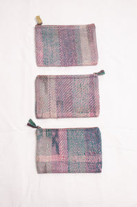 Vintage lohori kantha quilt pouch in lavender, mint green and pink stripes.