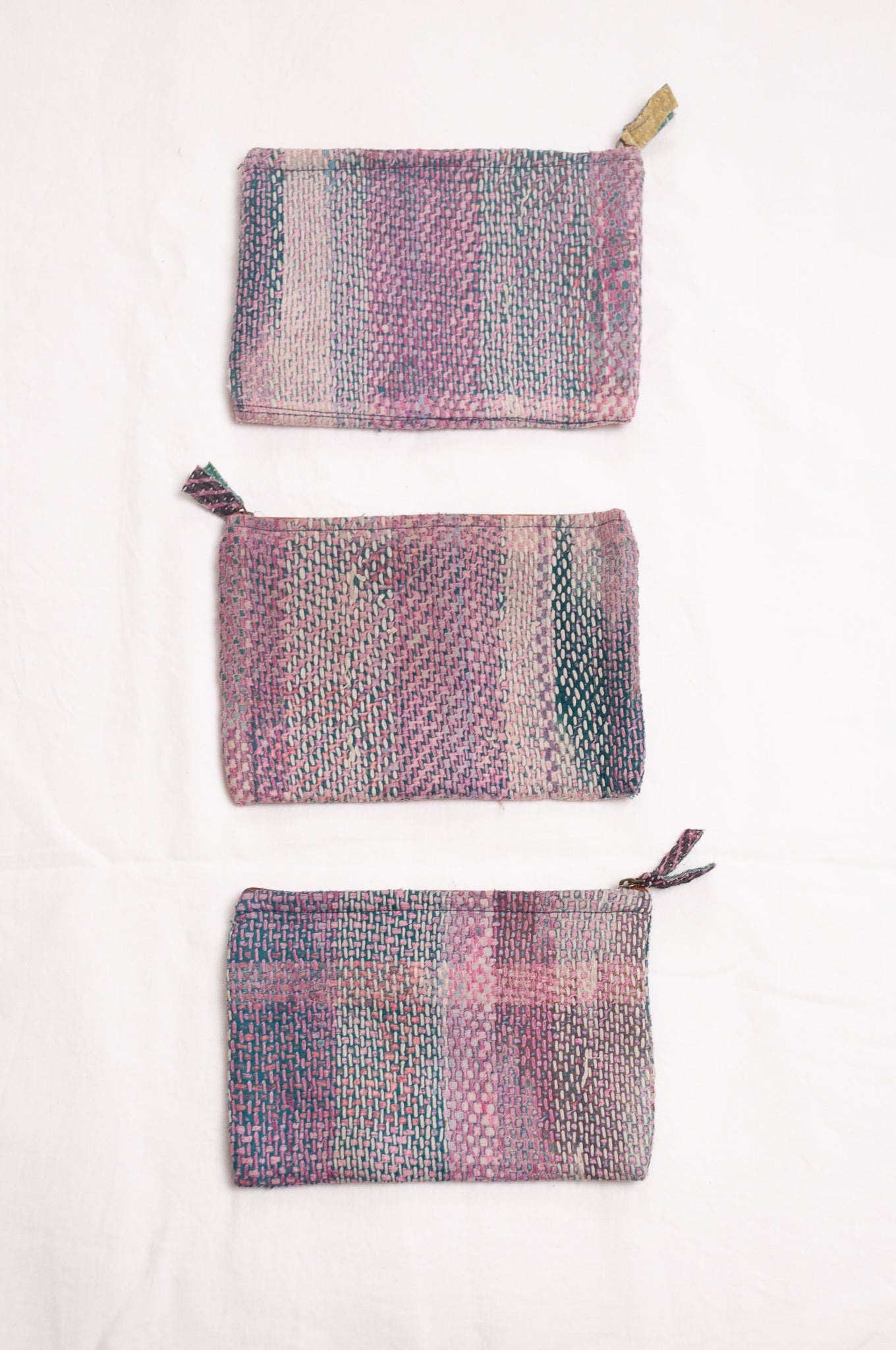 Lohori kantha vintage quilt pouch in lavender, mint green and pink stripes