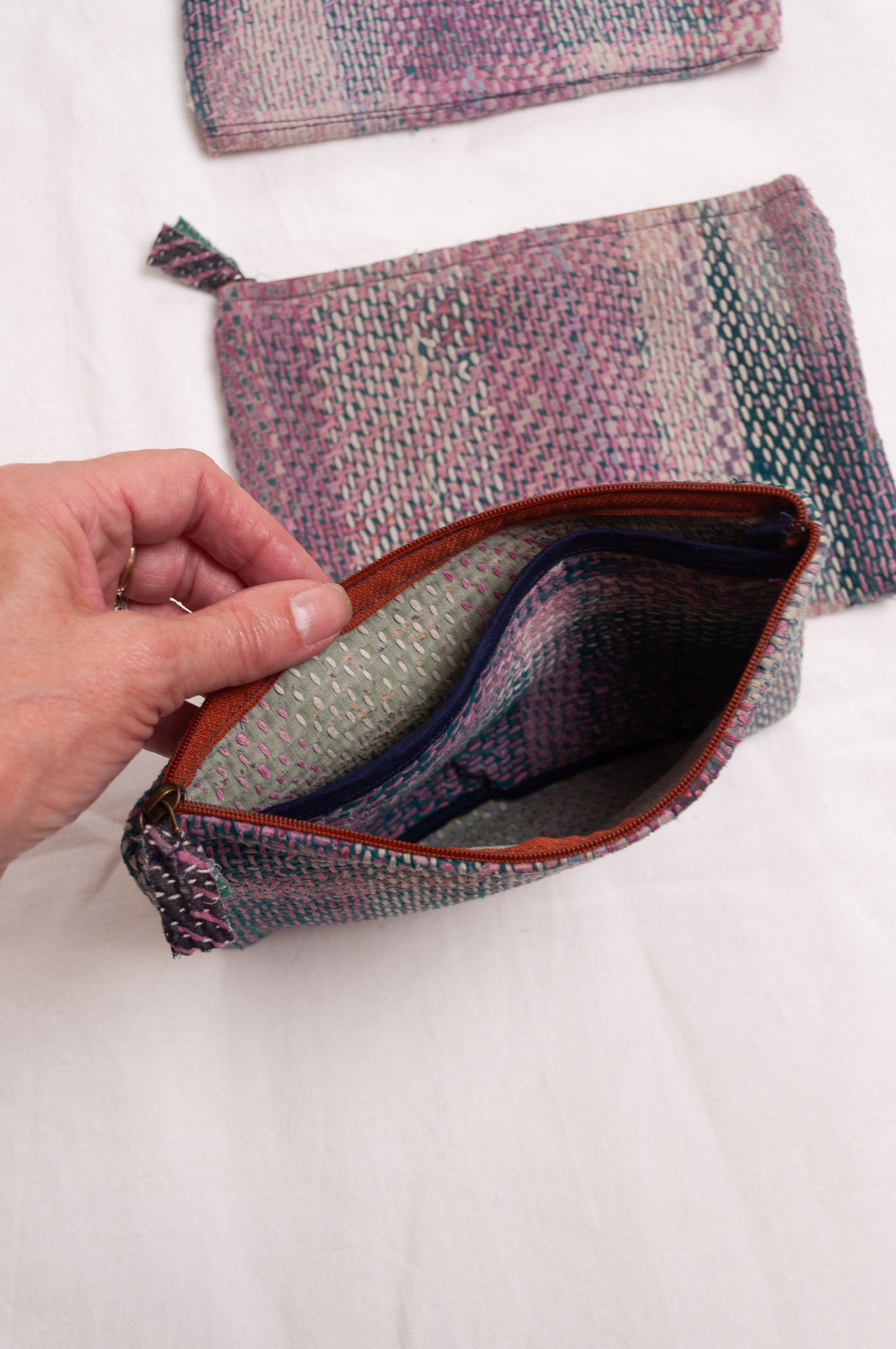 Lohori kantha vintage quilt pouch in lavender, mint green and pink stripes