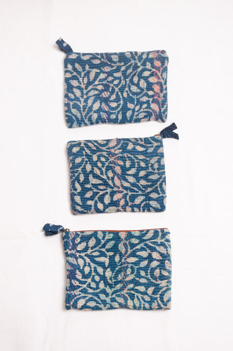 Vintage kantha quilt zippered pouch in overdyed indigo blockprint.