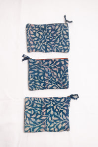 Vintage kantha quilt zippered pouch in overdyed indigo blockprint.