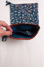 Load image into Gallery viewer, Vintage kantha quilt zippered pouch in overdyed indigo blockprint.