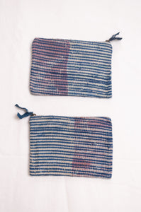 Vintage kantha quilt zippered pouch in overdyed indigo blockprint.