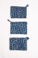 Load image into Gallery viewer, Vintage kantha quilt zippered pouch in overdyed indigo blockprint.