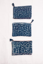 Load image into Gallery viewer, Vintage kantha quilt zippered pouch in overdyed indigo blockprint.