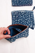 Load image into Gallery viewer, Vintage kantha quilt zippered pouch in overdyed indigo blockprint.