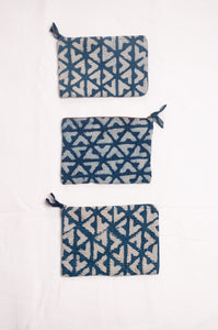 Vintage kantha quilt zippered pouch in overdyed indigo blockprint.