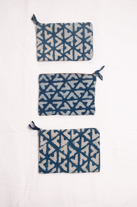 Vintage kantha quilt zippered pouch in overdyed indigo blockprint.