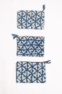 Vintage kantha quilt zippered pouch in overdyed indigo blockprint.