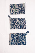 Load image into Gallery viewer, Vintage kantha quilt zippered pouch in overdyed indigo blockprint.