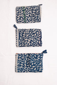 Vintage kantha quilt zippered pouch in overdyed indigo blockprint.