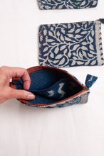 Load image into Gallery viewer, Vintage kantha quilt zippered pouch in overdyed indigo blockprint.