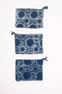 Vintage kantha quilt zippered pouch in overdyed indigo blockprint.