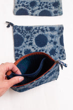 Load image into Gallery viewer, Vintage kantha quilt zippered pouch in overdyed indigo blockprint.