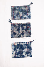 Load image into Gallery viewer, Vintage kantha quilt zippered pouch in overdyed indigo blockprint.