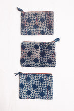 Load image into Gallery viewer, Vintage kantha quilt zippered pouch in overdyed indigo blockprint.