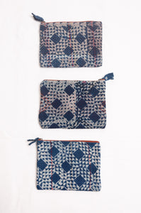 Vintage kantha quilt zippered pouch in overdyed indigo blockprint.