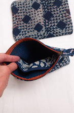 Load image into Gallery viewer, Vintage kantha quilt zippered pouch in overdyed indigo blockprint.