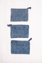 Load image into Gallery viewer, Vintage kantha quilt zippered pouch in overdyed indigo blockprint.