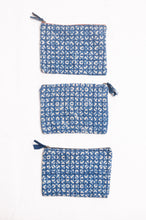 Load image into Gallery viewer, Vintage kantha quilt zippered pouch in overdyed indigo blockprint.