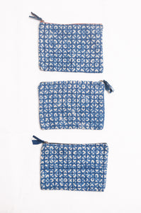 Vintage kantha quilt zippered pouch in overdyed indigo blockprint.