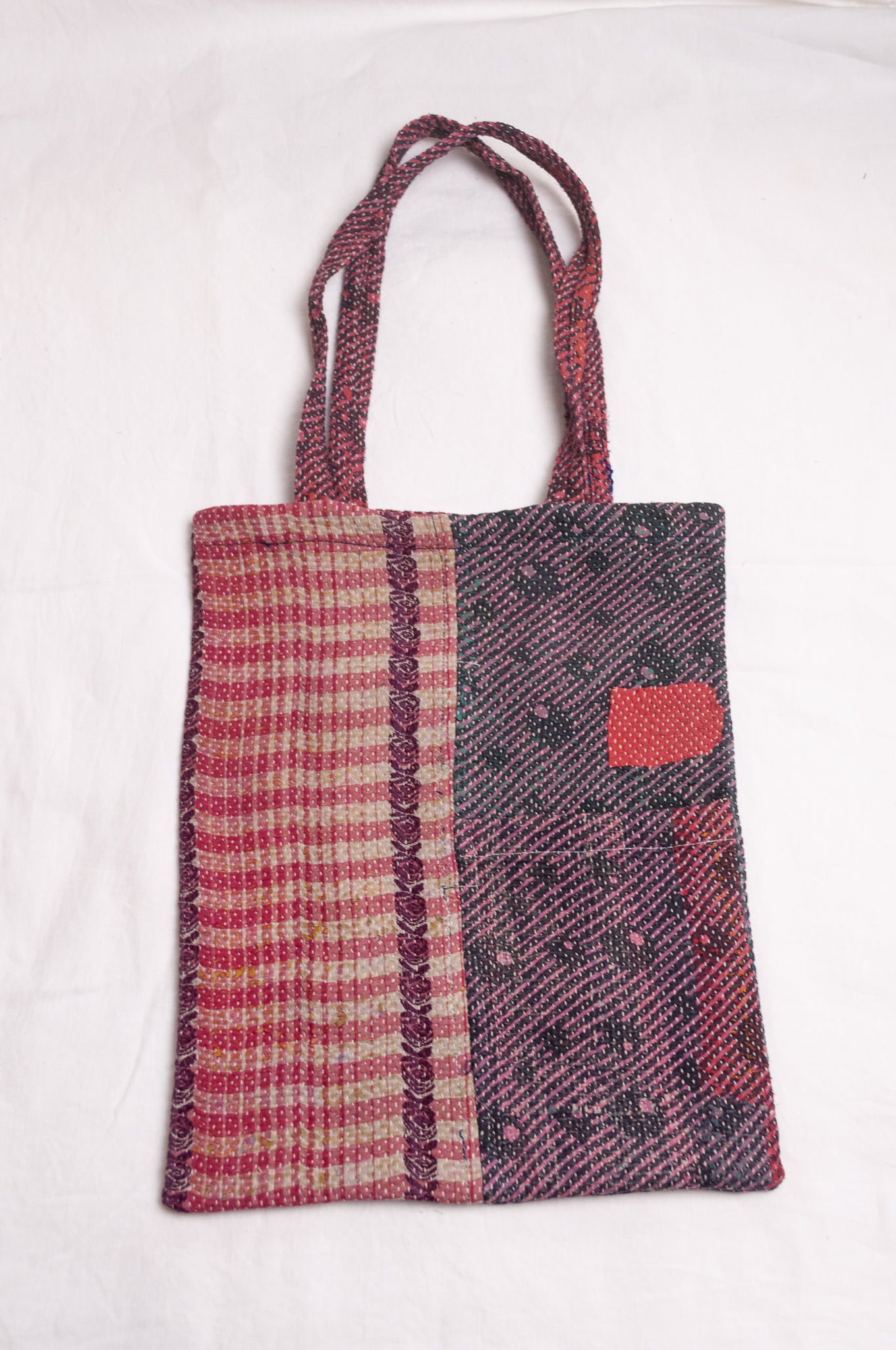 Vintage kantha tote bag - rose stripes