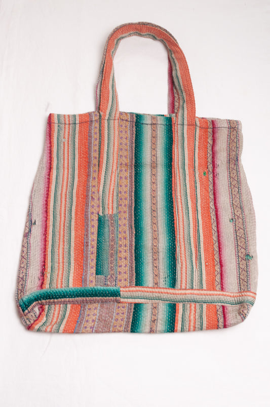 Vintage kantha quilt tote bag in multi coloured stripes.