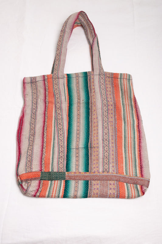 Vintage kantha quilt tote bag in multi coloured stripes.