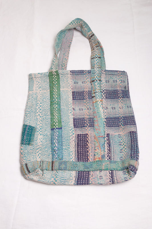 Vintage kantha quilt tote bag in vintage blue stripes pattern.
