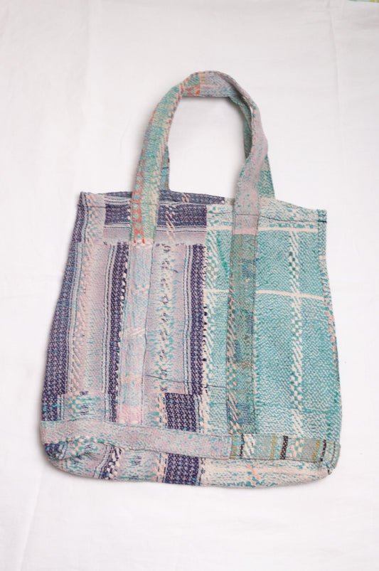 Vintage kantha quilt tote bag in vintage blue stripes pattern.