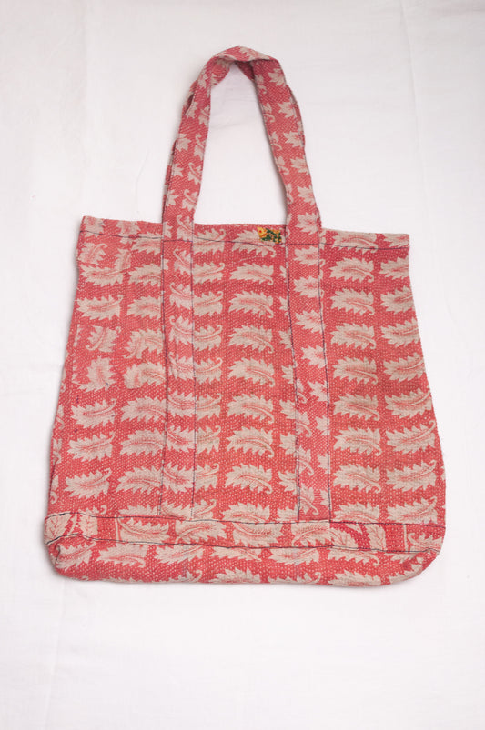 Vintage kantha market bag - red and white leaves