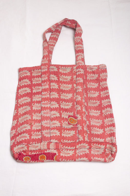 Vintage kantha market bag - red and white leaves
